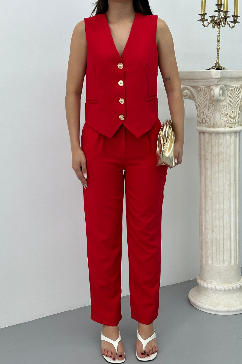 Kadın Alt Üst Takım Şık Gold Düğme Detaylı V Yaka Yelek Pantolon Takım