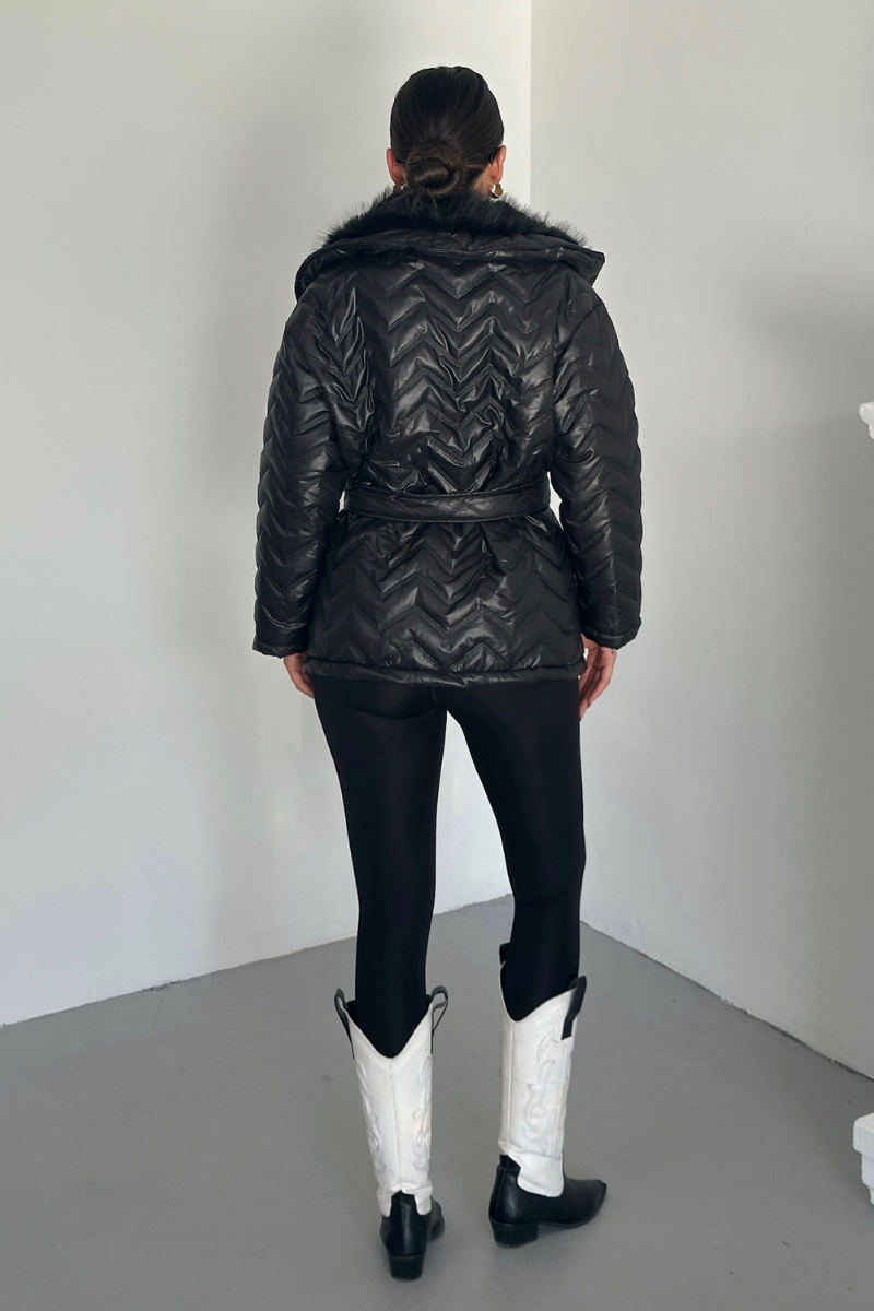 Kadın Şişme Mont Geniş Yaka Kemerli İçi Kürklü Kapitone Mont