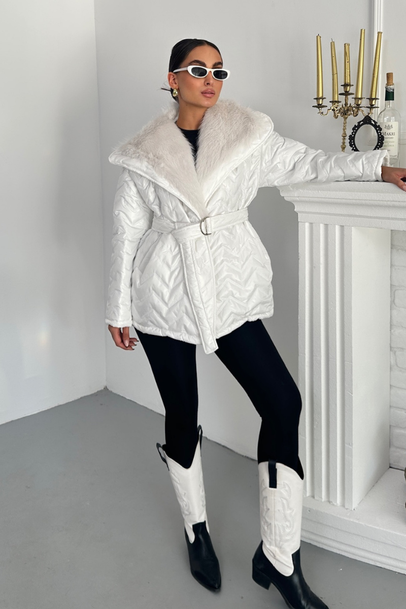 Kadın Şişme Mont Geniş Yaka Kemerli İçi Kürklü Kapitone Mont