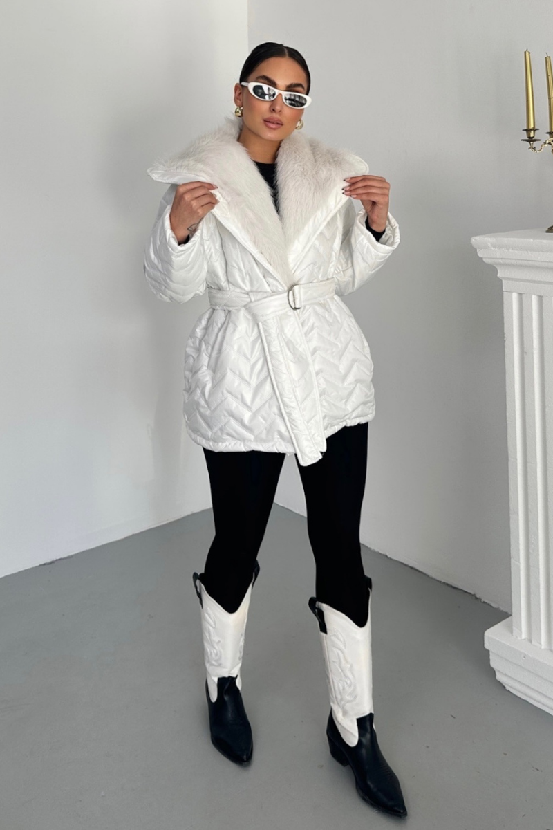 Kadın Şişme Mont Geniş Yaka Kemerli İçi Kürklü Kapitone Mont