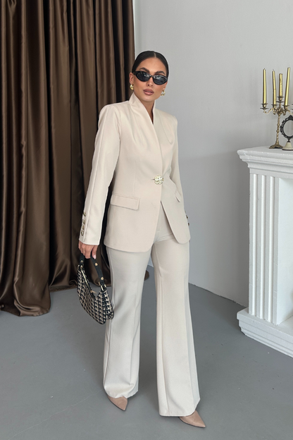 Kadın İkili Takım Şık Düğme Detaylı Dik Yaka Blazer Ceket Bol Paça Pantolon Takım