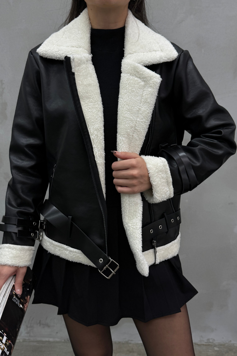 Kadın İçi Beyaz Kürklü Siyah Kısa Biker Deri Ceket Mont
