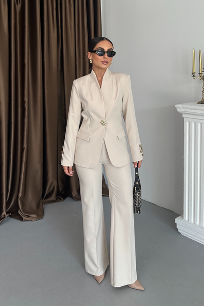 Kadın İkili Takım Şık Düğme Detaylı Dik Yaka Blazer Ceket Bol Paça Pantolon Takım