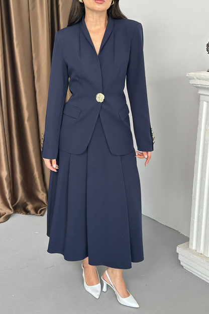 Kadın İkili Takım Şık Düğme Detaylı Dik Yaka Blazer Ceket Uzun Etek Takım