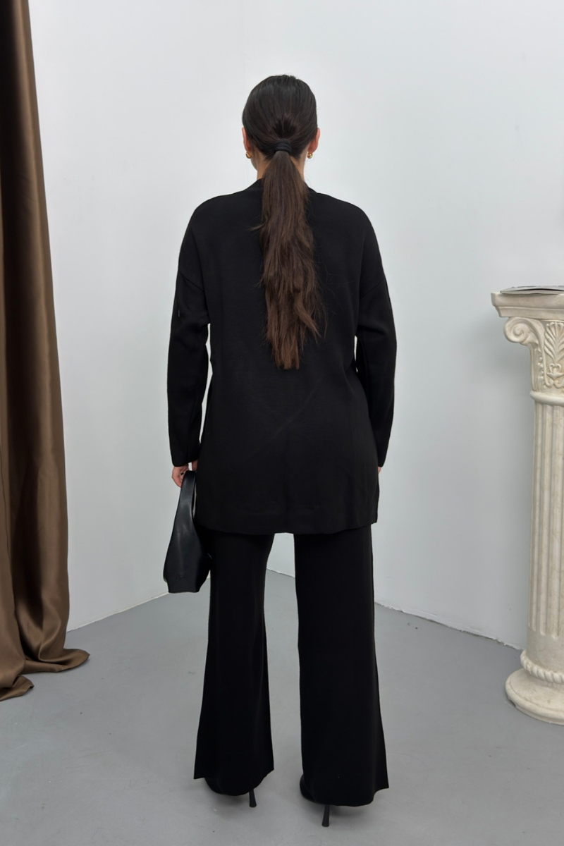 Kadın İkili Alt Üst Takım Triko Yandan Bağcıklı Kruvaze Hırka Bol Paça Pantolon Örme Takım