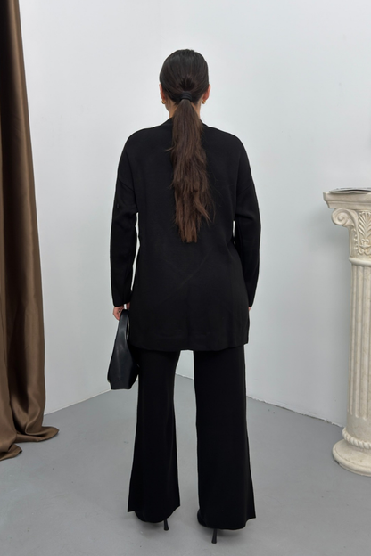 Kadın İkili Alt Üst Takım Triko Yandan Bağcıklı Kruvaze Hırka Bol Paça Pantolon Örme Takım