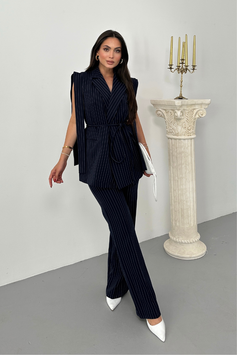 Kadın Alt Üst İkili Takım Çizgili Omuz Detaylı Kuşaklı Yelek Pantolon Takım
