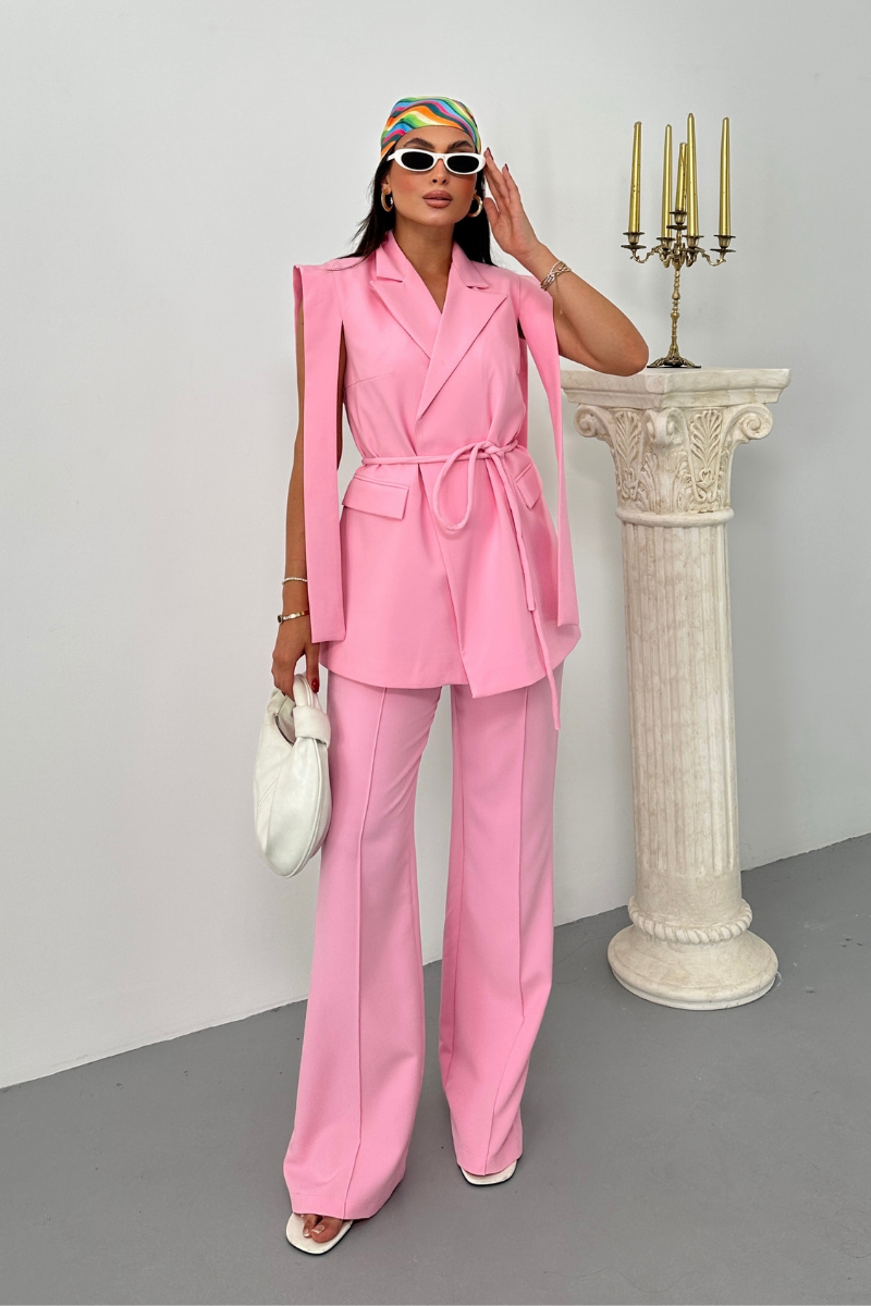 Kadın Alt Üst İkili Takım Omuz Detaylı Kuşaklı Yelek Pantolon Takım