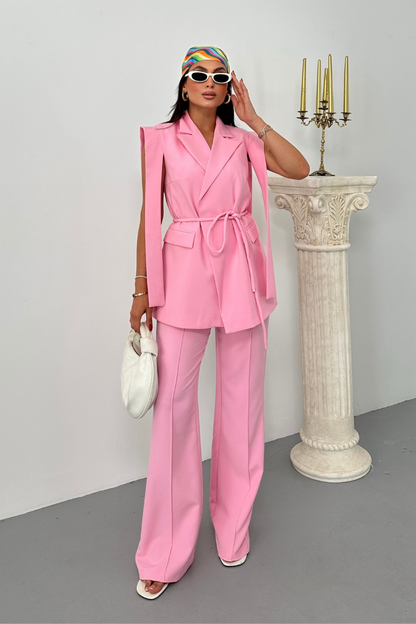Kadın Alt Üst İkili Takım Omuz Detaylı Kuşaklı Yelek Pantolon Takım