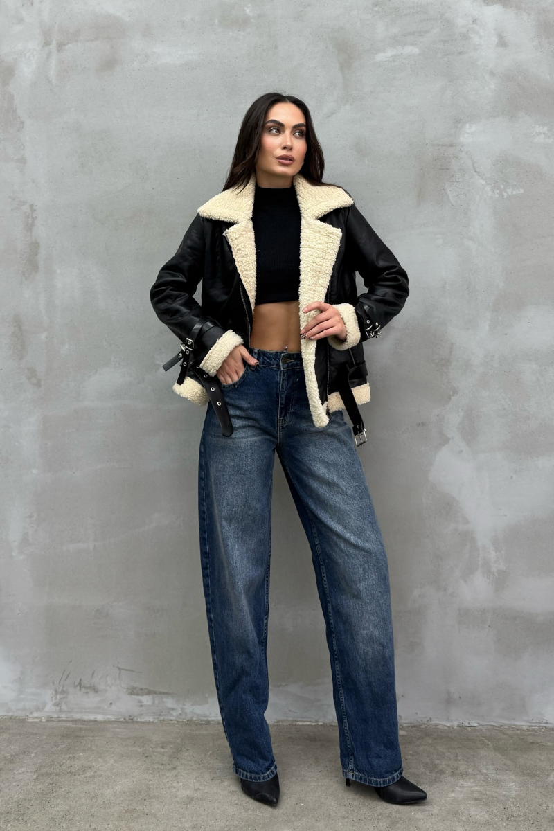 Kadın İçi Beyaz Kürklü Siyah Kısa Biker Deri Ceket Mont