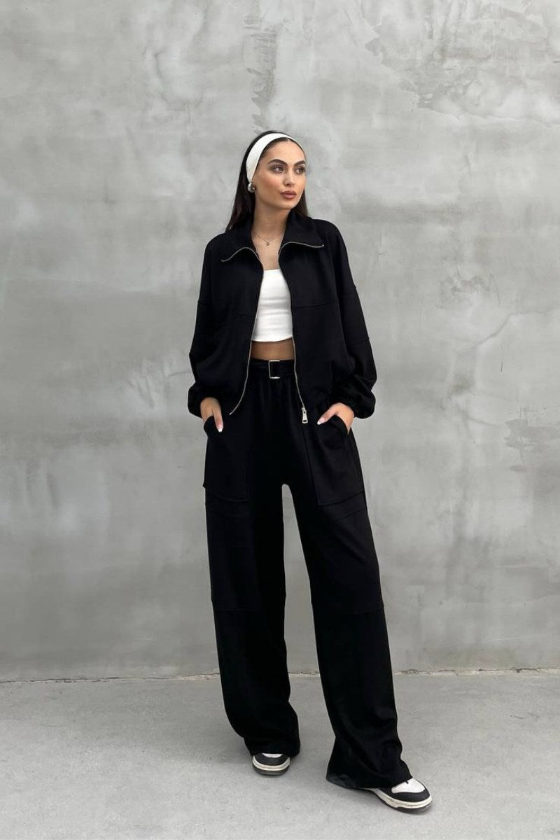 Kadın Eşofman Takımı Bol Paça Büyük Cepli Kemerli Soft Touch İkili Takım BEJ L