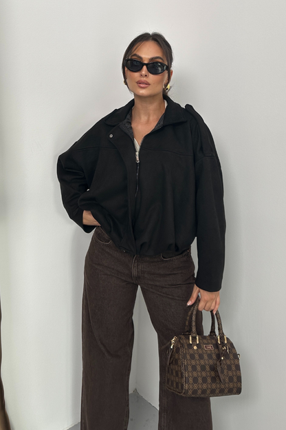 Kadın Mont Kısa Oversize Süet Fermuarlı Gömlek Yaka Düşük Omuz Ceket