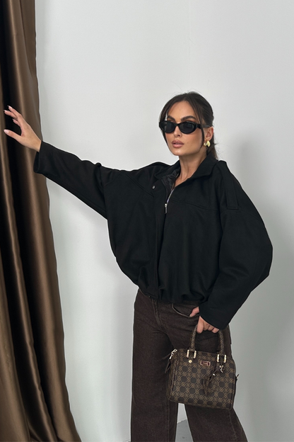 Kadın Mont Kısa Oversize Süet Fermuarlı Gömlek Yaka Düşük Omuz Ceket