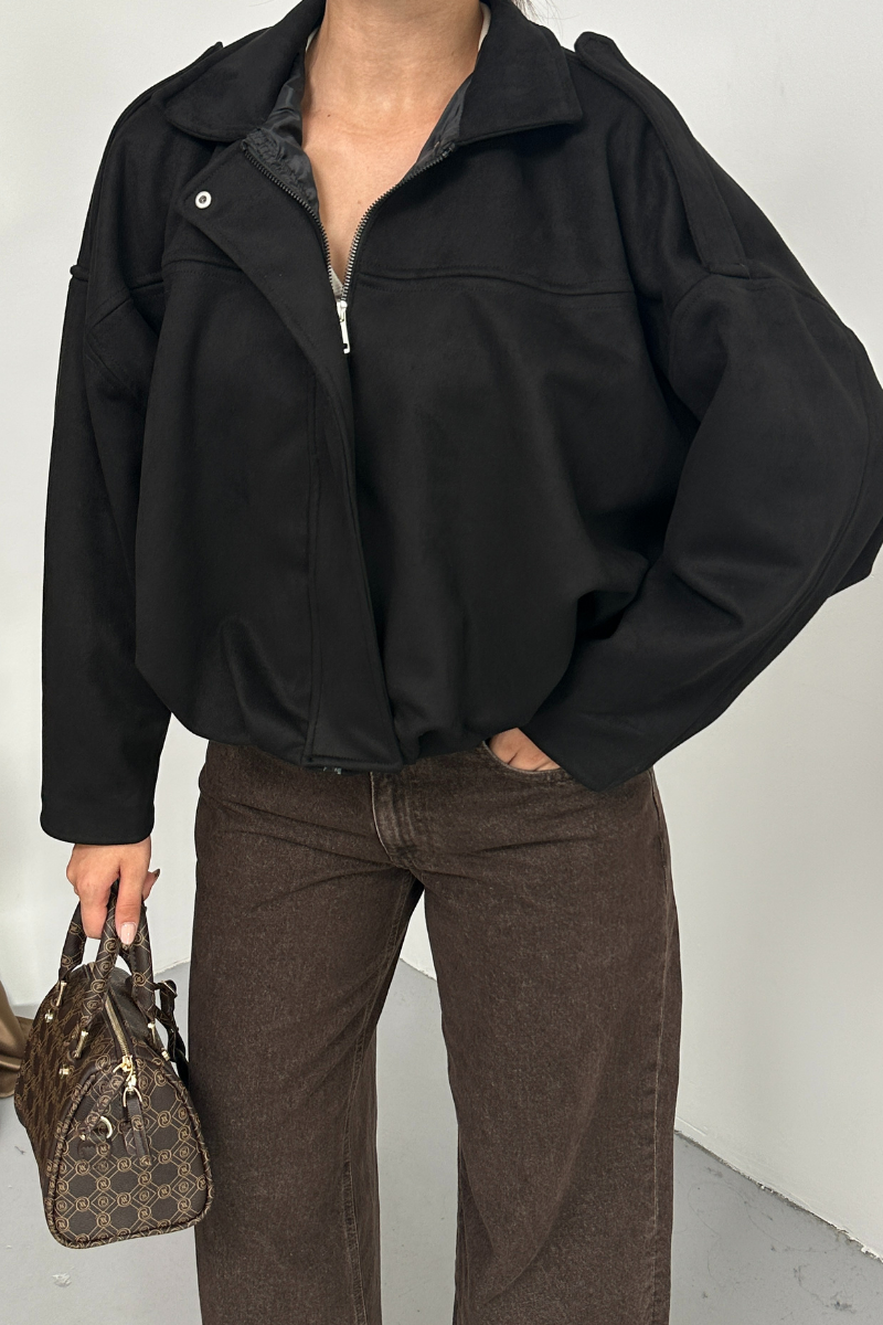 Kadın Mont Kısa Oversize Süet Fermuarlı Gömlek Yaka Düşük Omuz Ceket