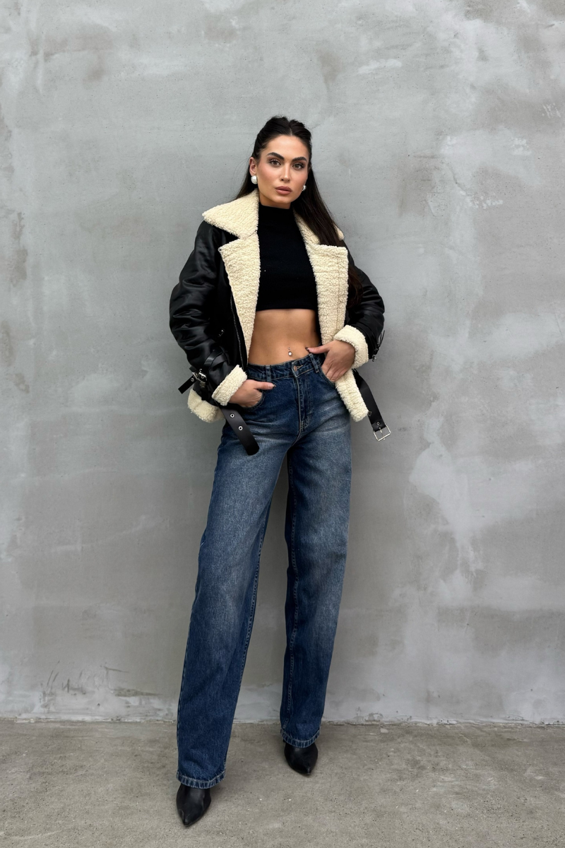 Kadın İçi Beyaz Kürklü Siyah Kısa Biker Deri Ceket Mont