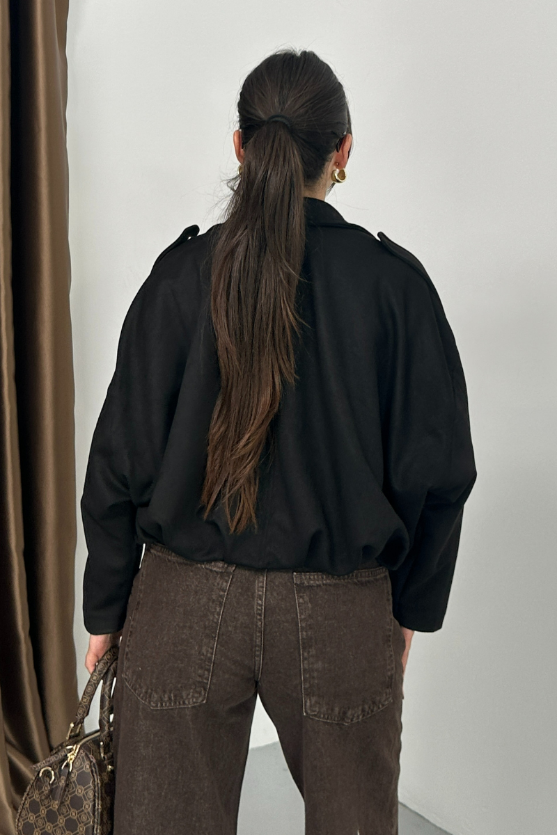 Kadın Mont Kısa Oversize Süet Fermuarlı Gömlek Yaka Düşük Omuz Ceket