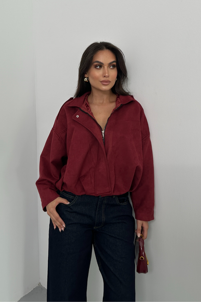 Kadın Mont Kısa Oversize Süet Fermuarlı Gömlek Yaka Düşük Omuz Ceket