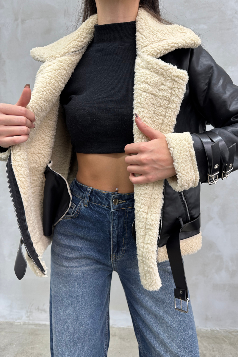 Kadın İçi Beyaz Kürklü Siyah Kısa Biker Deri Ceket Mont