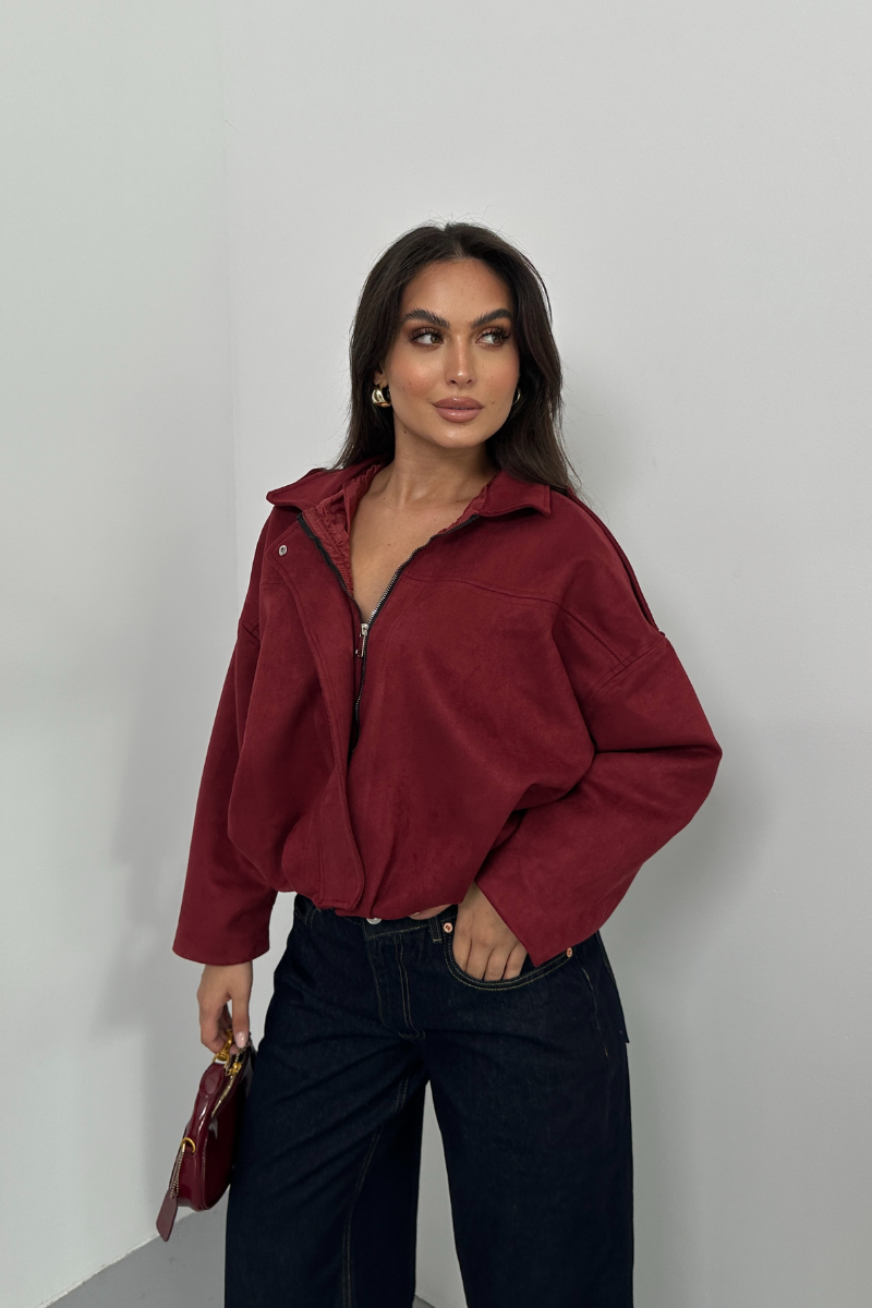 Kadın Mont Kısa Oversize Süet Fermuarlı Gömlek Yaka Düşük Omuz Ceket