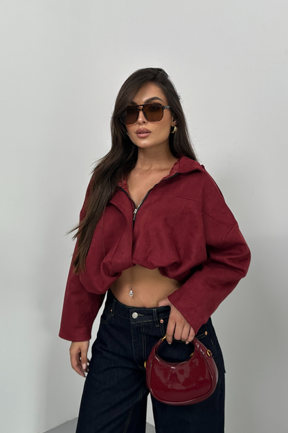 Kadın Mont Kısa Oversize Süet Fermuarlı Gömlek Yaka Düşük Omuz Ceket