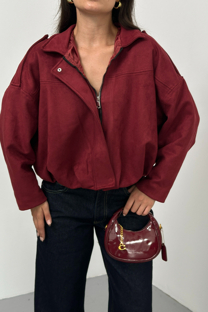 Kadın Mont Kısa Oversize Süet Fermuarlı Gömlek Yaka Düşük Omuz Ceket