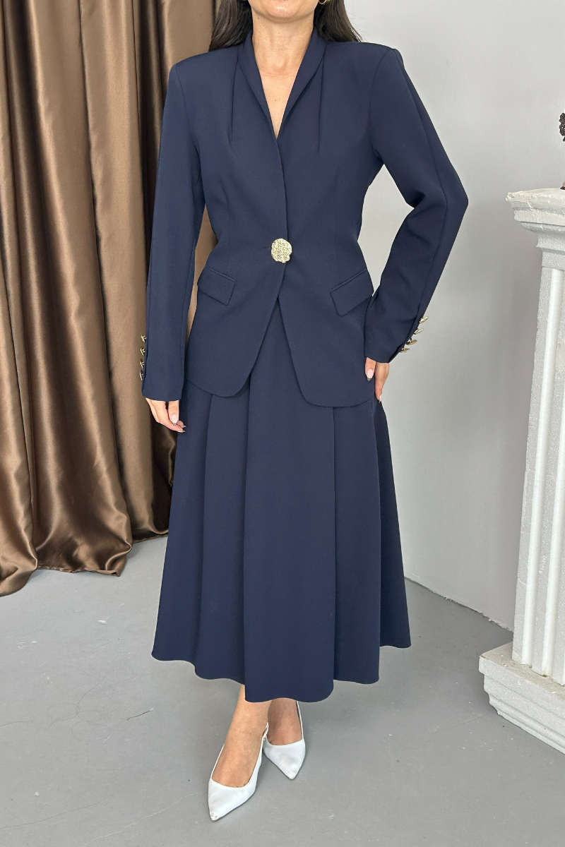 Kadın İkili Takım Şık Düğme Detaylı Dik Yaka Blazer Ceket Uzun Etek Takım