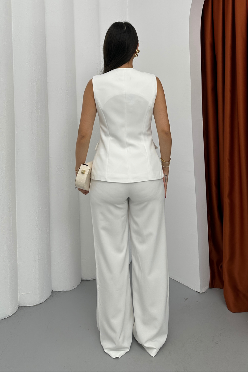 Kadın İkili Alt Üst Takım Şık Düğme Detaylı Kare Yaka Yelek Pantolon Takım