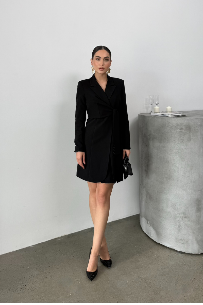 Kadın Elbise Mini Şık Uzun Kollu Kuşaklı Kruvaze Yaka Pileli Ceket Elbise