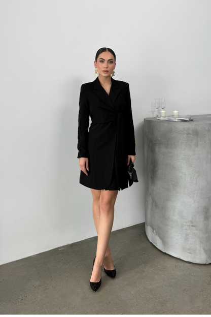 Kadın Elbise Mini Şık Uzun Kollu Kuşaklı Kruvaze Yaka Pileli Ceket Elbise