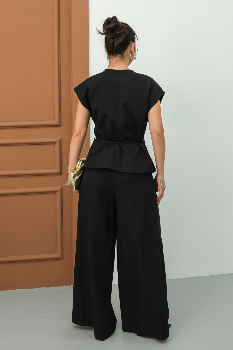 Kadın İkili Alt Üst Takım Bağcıklı Bol Kesim Dökümlü Yazlık Kısa Kollu Kimono Ceket Palazzo Pantolon