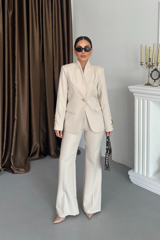 Kadın İkili Takım Şık Düğme Detaylı Dik Yaka Blazer Ceket Bol Paça Pantolon Takım