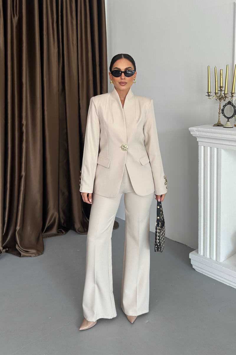 Kadın İkili Takım Şık Düğme Detaylı Dik Yaka Blazer Ceket Bol Paça Pantolon Takım