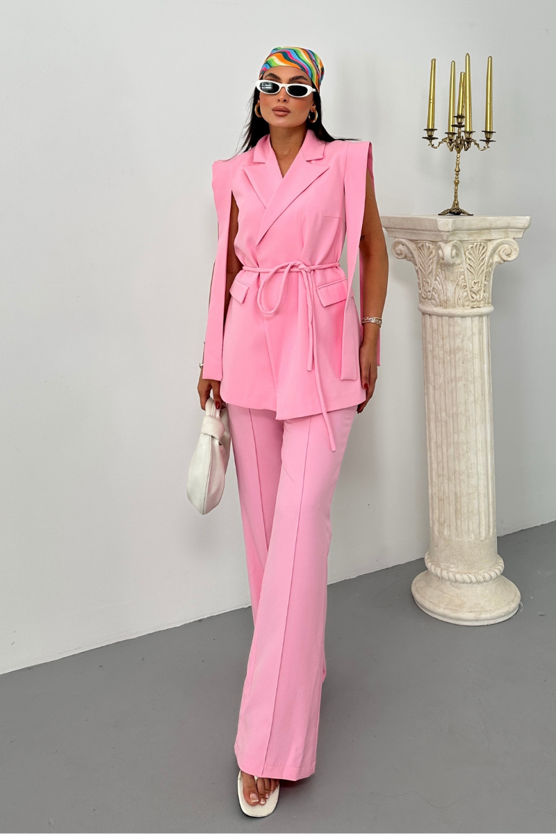 Kadın Alt Üst İkili Takım Omuz Detaylı Kuşaklı Yelek Pantolon Takım