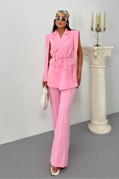 Kadın Alt Üst İkili Takım Omuz Detaylı Kuşaklı Yelek Pantolon Takım