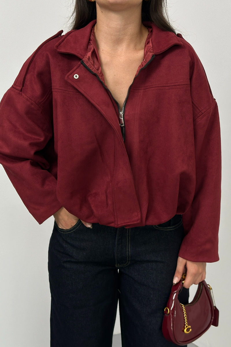 Kadın Mont Kısa Oversize Süet Fermuarlı Gömlek Yaka Düşük Omuz Ceket