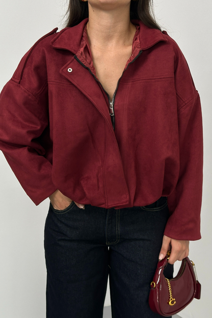 Kadın Mont Kısa Oversize Süet Fermuarlı Gömlek Yaka Düşük Omuz Ceket