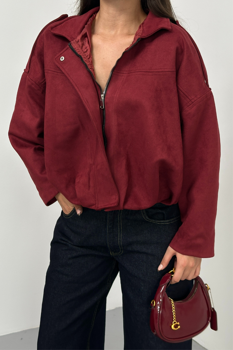 Kadın Mont Kısa Oversize Süet Fermuarlı Gömlek Yaka Düşük Omuz Ceket