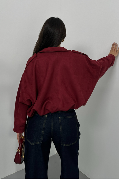 Kadın Mont Kısa Oversize Süet Fermuarlı Gömlek Yaka Düşük Omuz Ceket