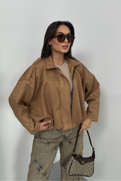 Kadın Mont Kısa Oversize Süet Fermuarlı Gömlek Yaka Düşük Omuz Ceket