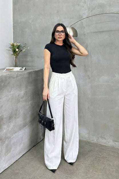 Kadın Palazzo Pantolon Düğmeli Çift Cepli Bol Paça Pantolon