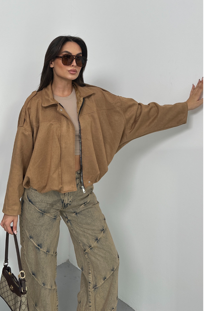 Kadın Mont Kısa Oversize Süet Fermuarlı Gömlek Yaka Düşük Omuz Ceket