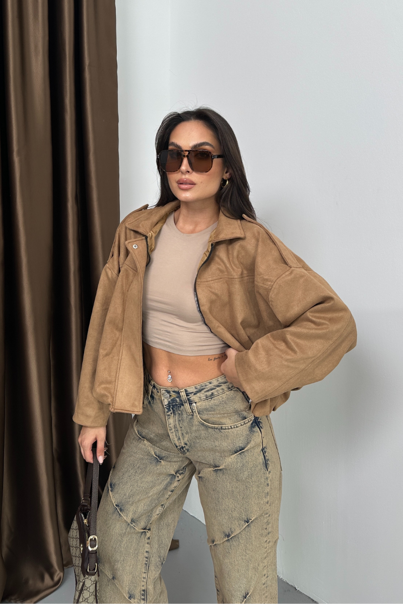 Kadın Mont Kısa Oversize Süet Fermuarlı Gömlek Yaka Düşük Omuz Ceket