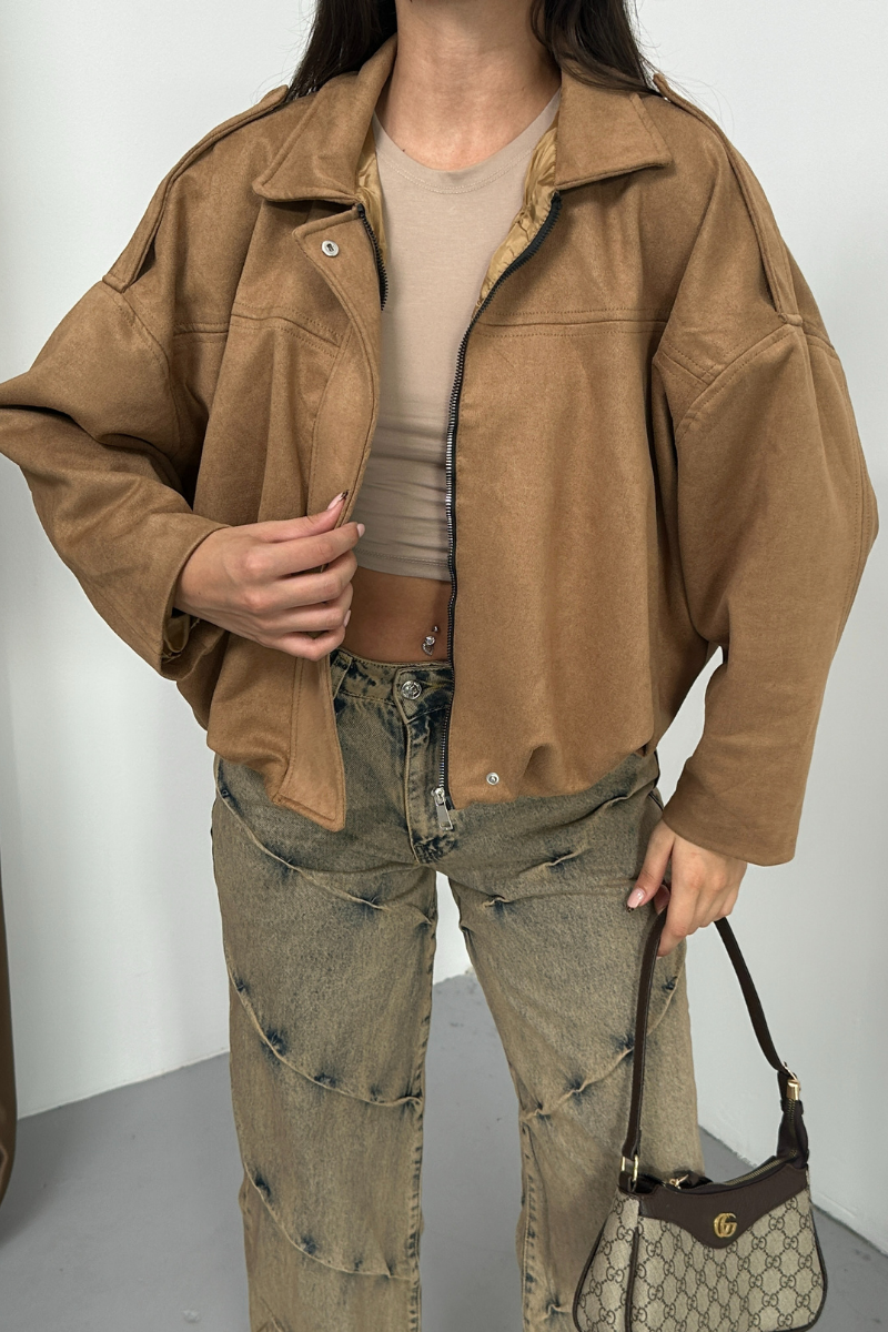 Kadın Mont Kısa Oversize Süet Fermuarlı Gömlek Yaka Düşük Omuz Ceket