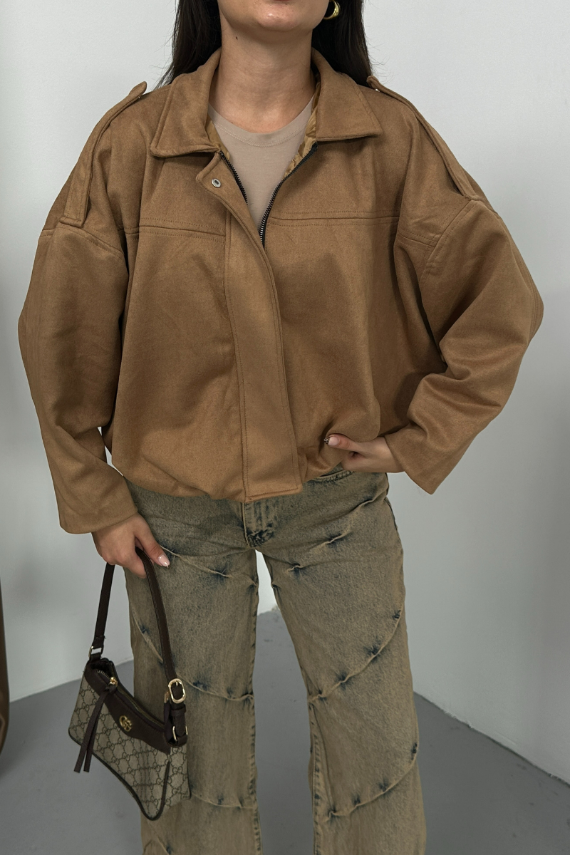 Kadın Mont Kısa Oversize Süet Fermuarlı Gömlek Yaka Düşük Omuz Ceket