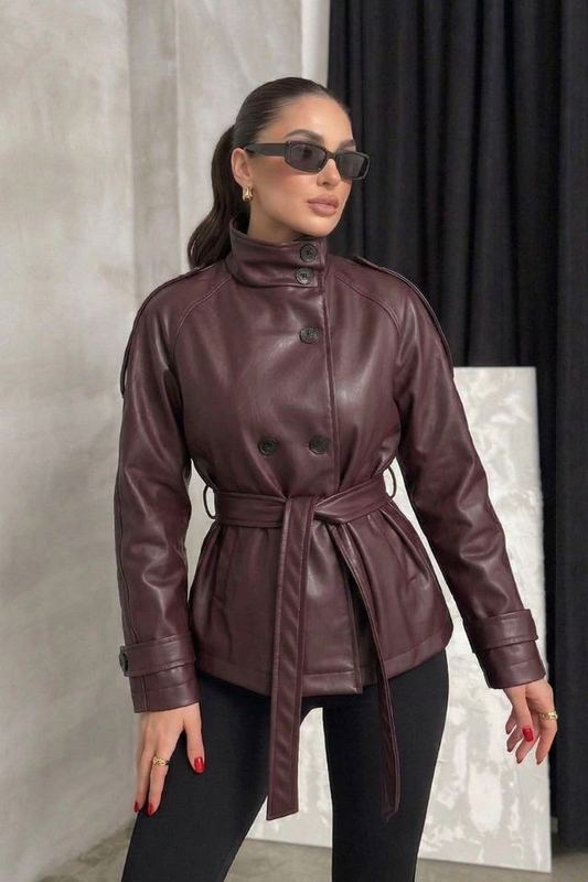 Kadın Suni Deri Ceket Kuşaklı Düğmeli Uzun Kollu Cepli Dik Yaka Deri Trençkot