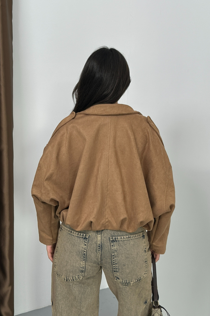 Kadın Mont Kısa Oversize Süet Fermuarlı Gömlek Yaka Düşük Omuz Ceket