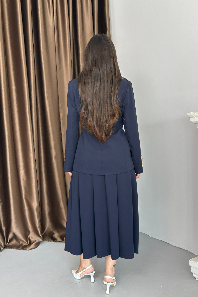 Kadın İkili Takım Şık Düğme Detaylı Dik Yaka Blazer Ceket Uzun Etek Takım