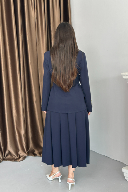 Kadın İkili Takım Şık Düğme Detaylı Dik Yaka Blazer Ceket Uzun Etek Takım