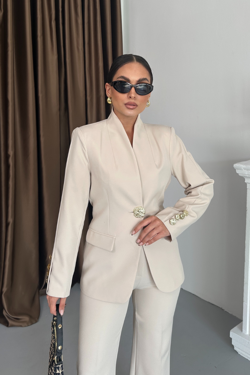 Kadın İkili Takım Şık Düğme Detaylı Dik Yaka Blazer Ceket Bol Paça Pantolon Takım