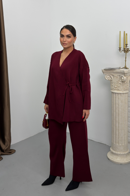 Kadın İkili Alt Üst Takım Triko Yandan Bağcıklı Kruvaze Hırka Bol Paça Pantolon Örme Takım